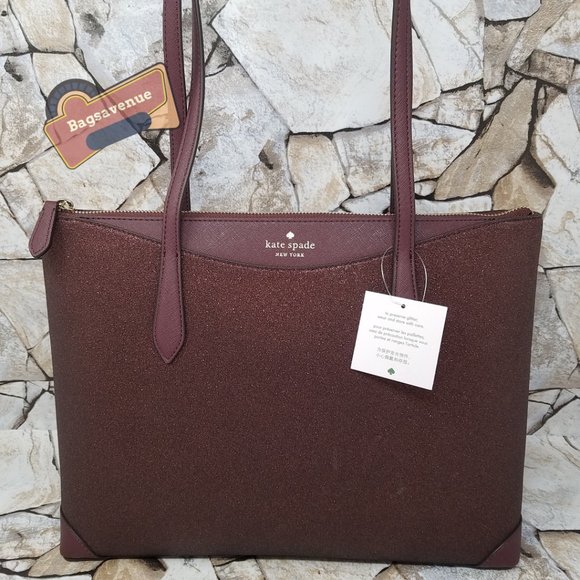 ✨ Shimmy Glitter Top Zip Tote Shoulder Bag Deep Nova Burgundy Wallet Kate spade - Picture 16 of 16